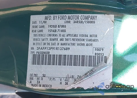 2001 Ford Escort z USA, uszkodzony, nr VIN 3FAFP13P91R137689